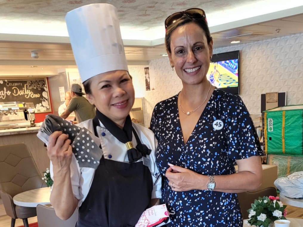 Mission to Seafarers Sydney volunteer Lisa C with Chef on cruise visit Feb 2024