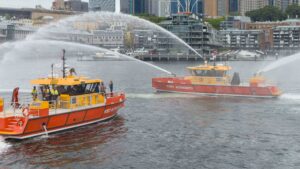 The Port Authority's Burra and Girawaa firefighting vessels in action