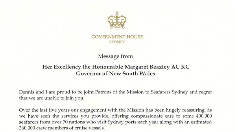 Header of Letter from Her Excellency, the Governor of NSW, our Patron